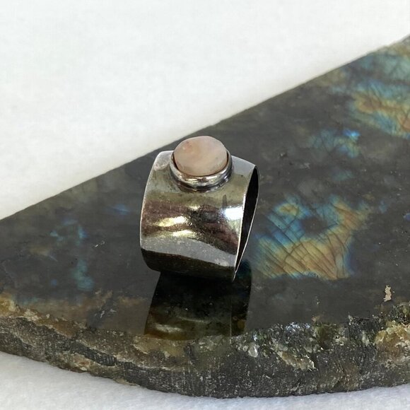 Oxidized Sterling Silver 950 Round Rose Quartz 16MM Wide Band Ring Sz 8.75 - Picture 11 of 16